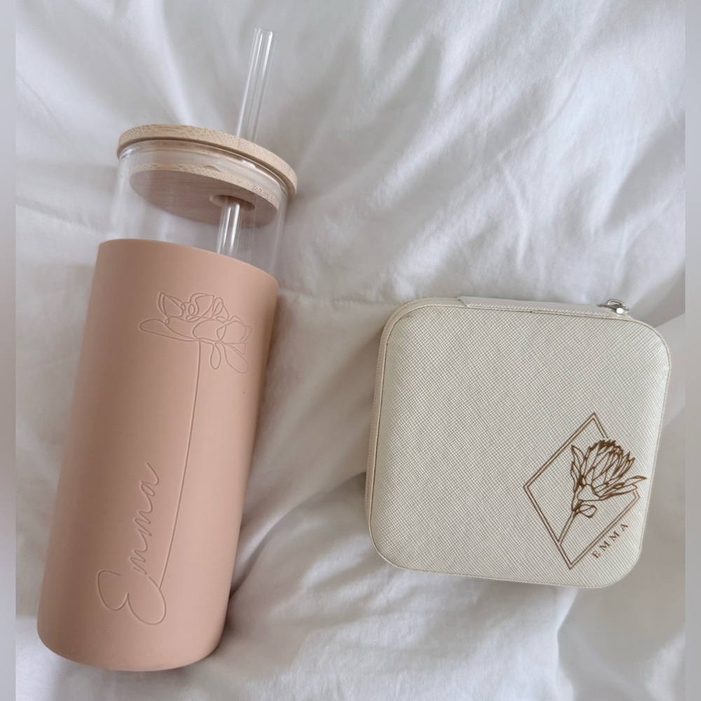 Personalized Blush Pink Tumbler with Straw and matching Emma Jewelry Organizer